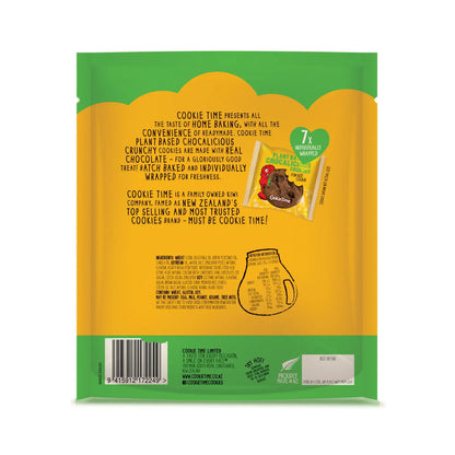 Back of a Cookie Time Plant Based Chocolicious 7 pack with text and branding on a white background