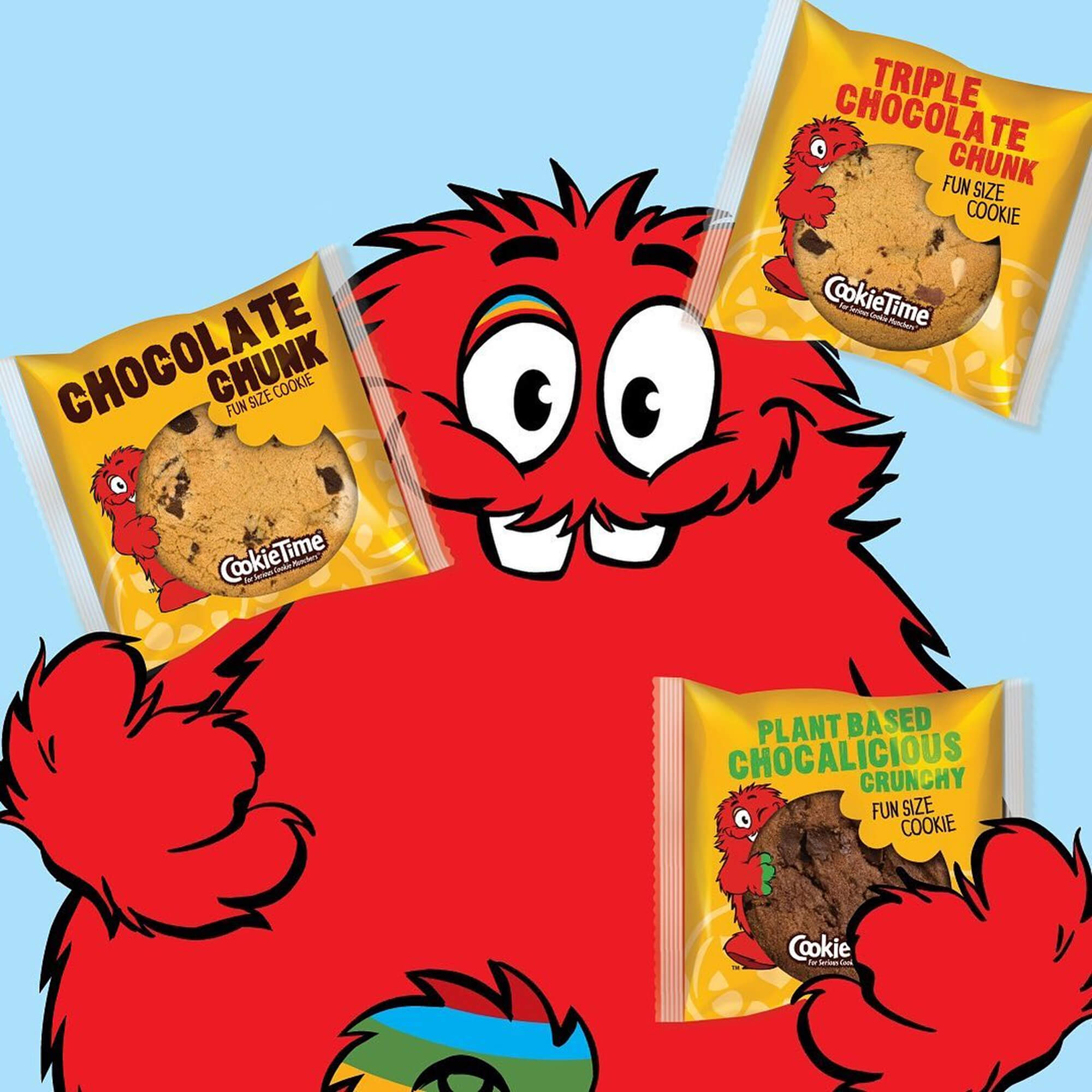 Red cartoon character with Cookie Time cookie packages on a blue background