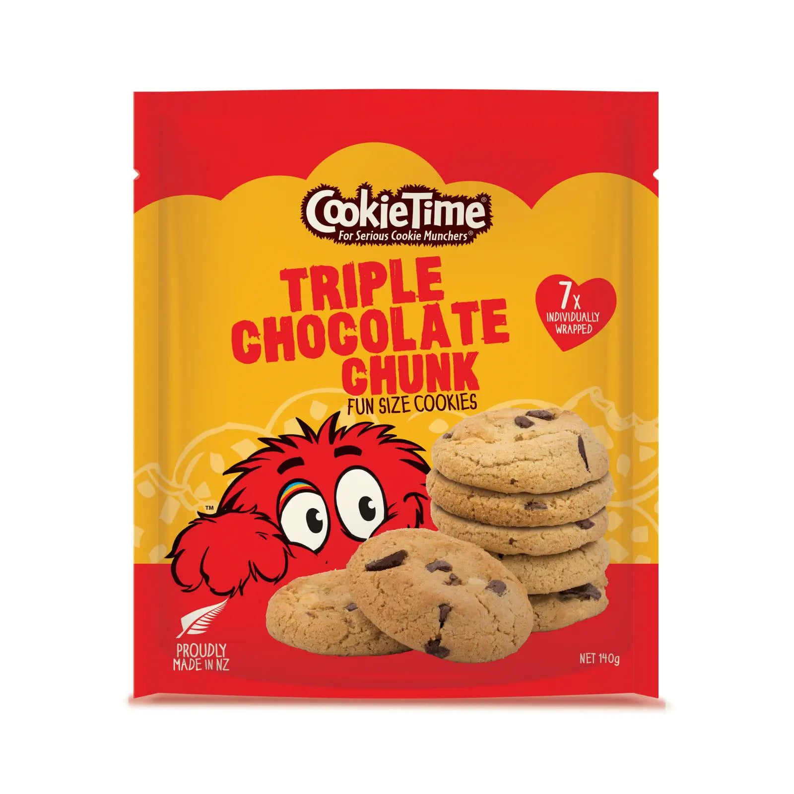 CookieTime Triple Chocolate Chunk cookies packaging with a red and yellow design.