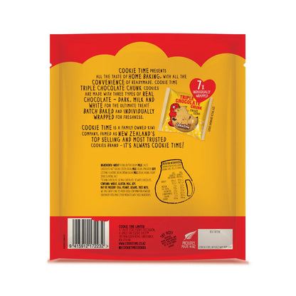 Back of a  Cookie Time Triple CHocolate cookie package with text and branding on a white background