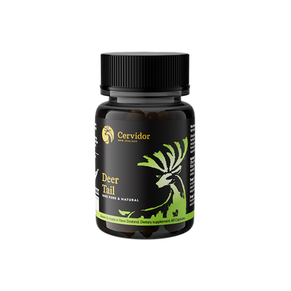 A black bottle of Cervidor New Zealand Deer Tail herbal supplement capsules, featuring a black label with a green deer graphic and gold text, set against a plain white background.