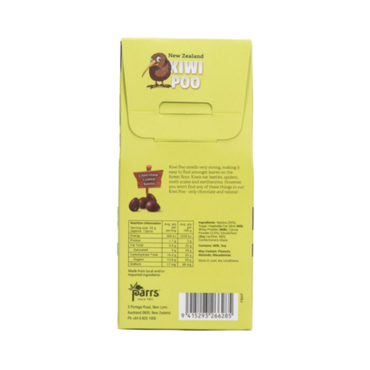 The back of a light yellow-green Parms Kiwi Poo toilet paper package, featuring product information, ingredients, and a barcode on a white background.