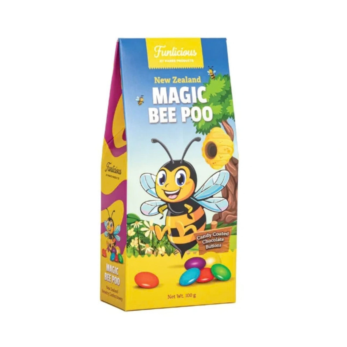 A 100g bag of Funlicious New Zealand Magic Bee Poo candy-coated chocolate beans, featuring a cartoon bee and colorful beans on the packaging.