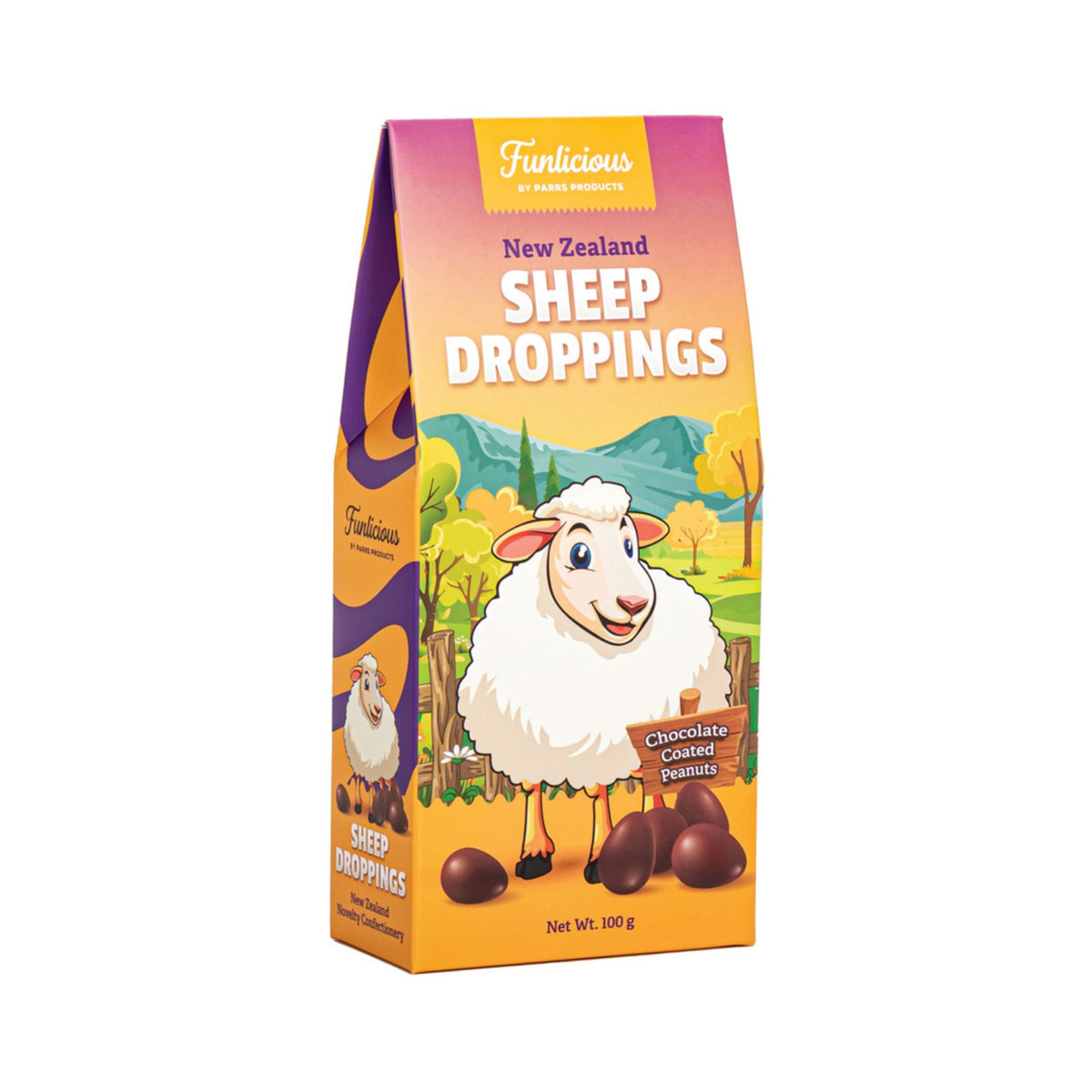 A 100 g bag of Functitious New Zealand Sheep Droppings chocolate cookies and peanuts, featuring a colorful cartoon sheep on a scenic background.