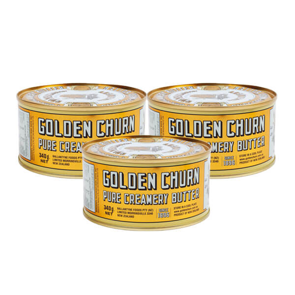 A 3 pack of tin can of Golden Churn Pure Creamery Butter, 340g net weight, with yellow and white label.