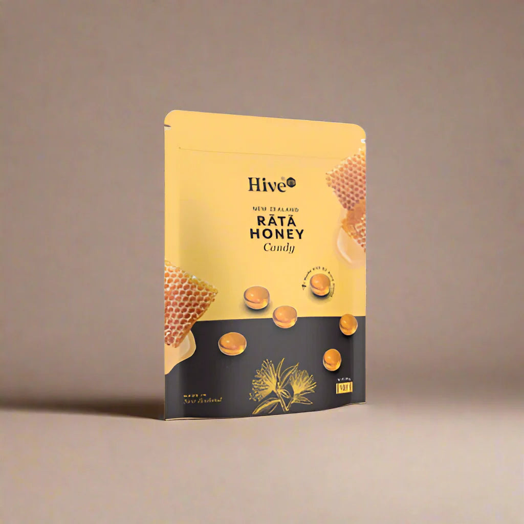Hive Rata Honey candy packaging on a beige background