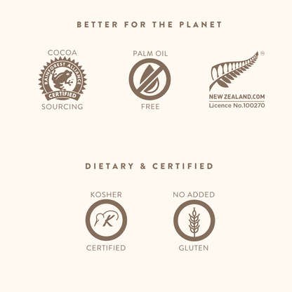 Certification logos for cocoa sourcing, palm oil free, New Zealand license, kosher certification, and no added gluten on a white background.