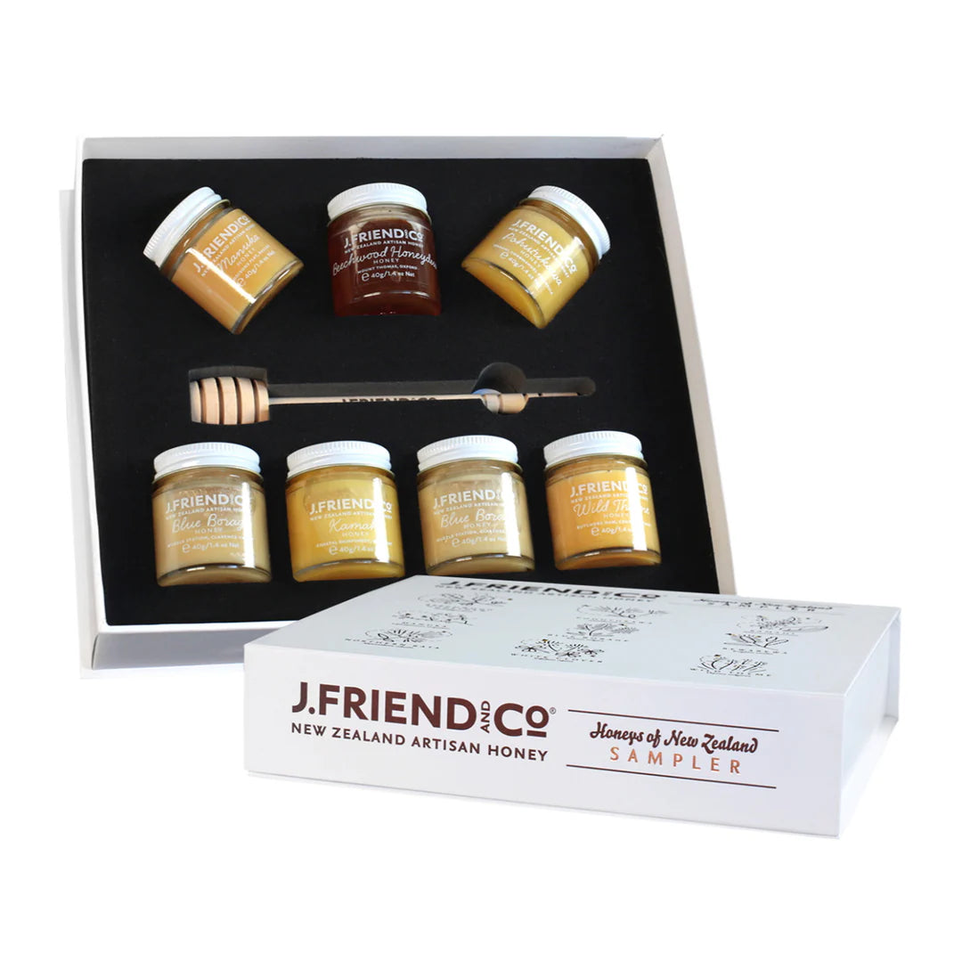 J Friend Honey of NZ Sampler gift set on a white background
