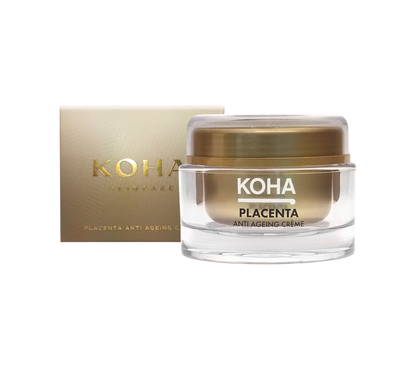A jar of Koha Placenta Anti Aging Cream next to its packaging box, with both items displaying the brand name and 'Placenta Anti Age' in Japanese and English.