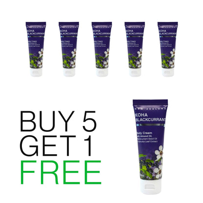 A set of five tubes of Koha Blackcurrant Body Cream, each with a purple label, and a buy-one-get-one-free offer sign.