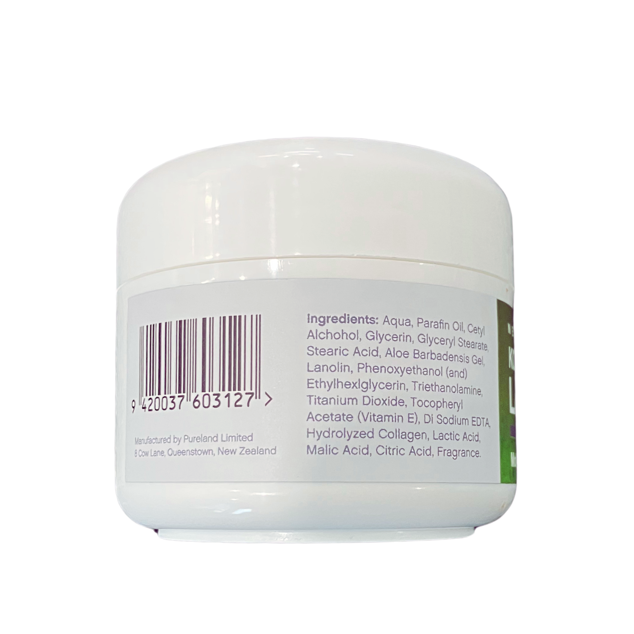 Koha Lanolin Face Cream white jar with a list of ingredients on a white background