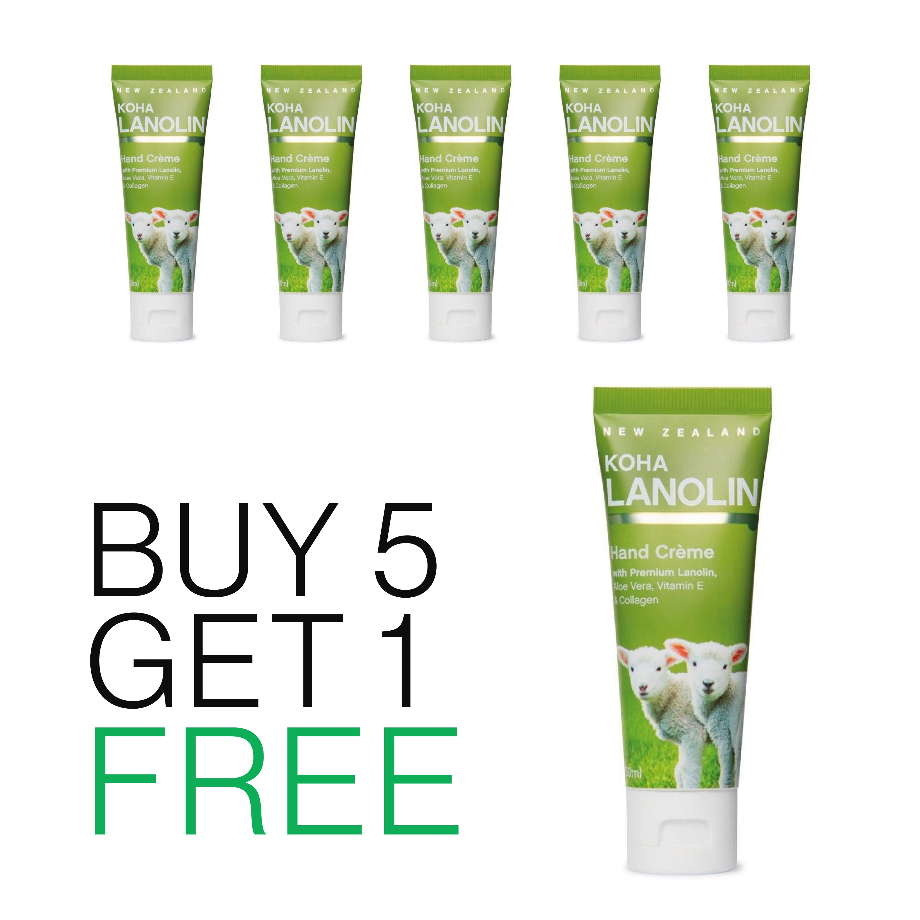 A set of five tubes of Koha Lanolin Hand Creme, each tube with a green label featuring a sheep's face. The text on the image indicates that one tube is buy-one-get-one-free.