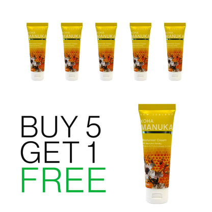 Five tubes of Koha Manuka Moisture Cream with a buy 5 get 1 free offer, featuring yellow packaging with floral and honey-themed designs.