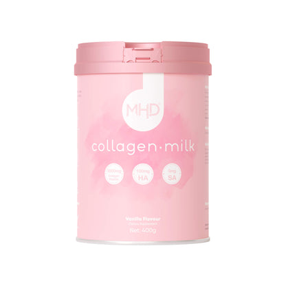 Pink container of MHD collagen milk on a white background
