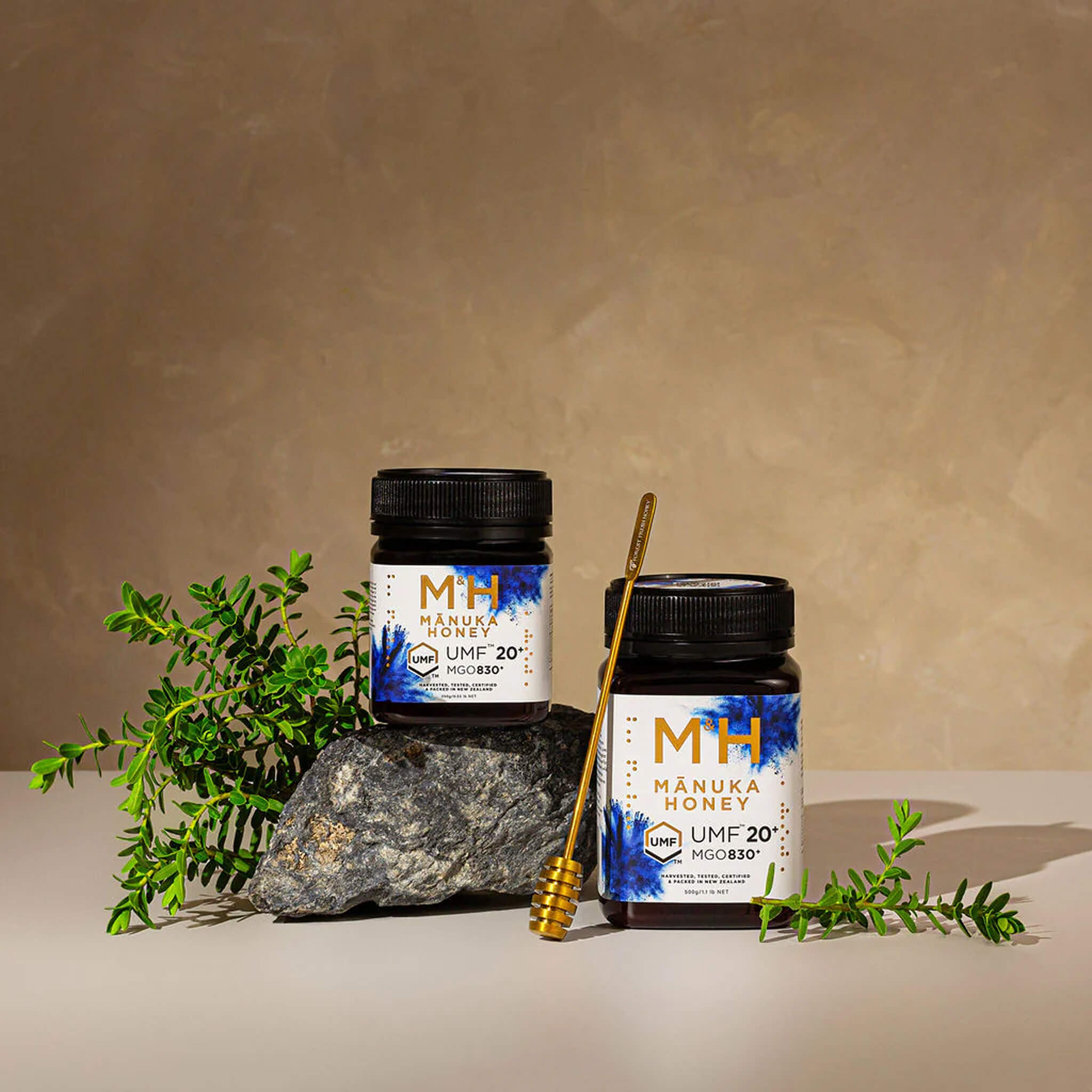 Two jars of M&H Manuka Honey UMF20+ 250g and 500g with a background of greenery and a neutral wall.