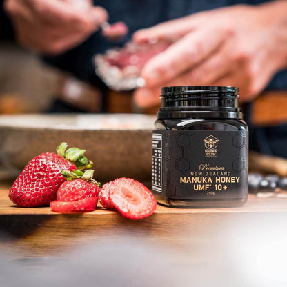 Manuka South Manuka Honey UMF10+ 250g jar with strawberry