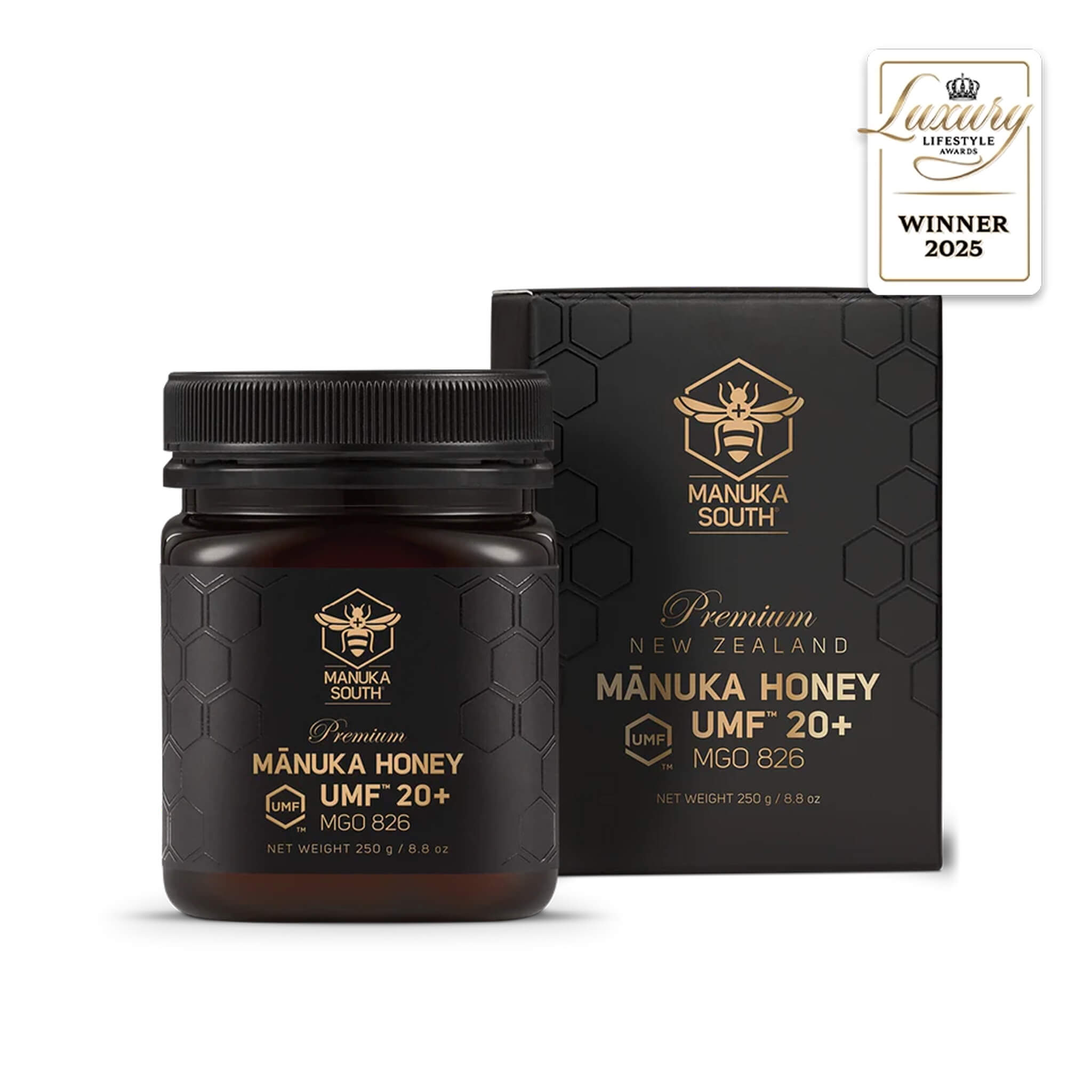 Manuka South Manuka Honey UMF 20+ 250g jar and packaging with a 2025 Luxury Lifestyle Award badge.