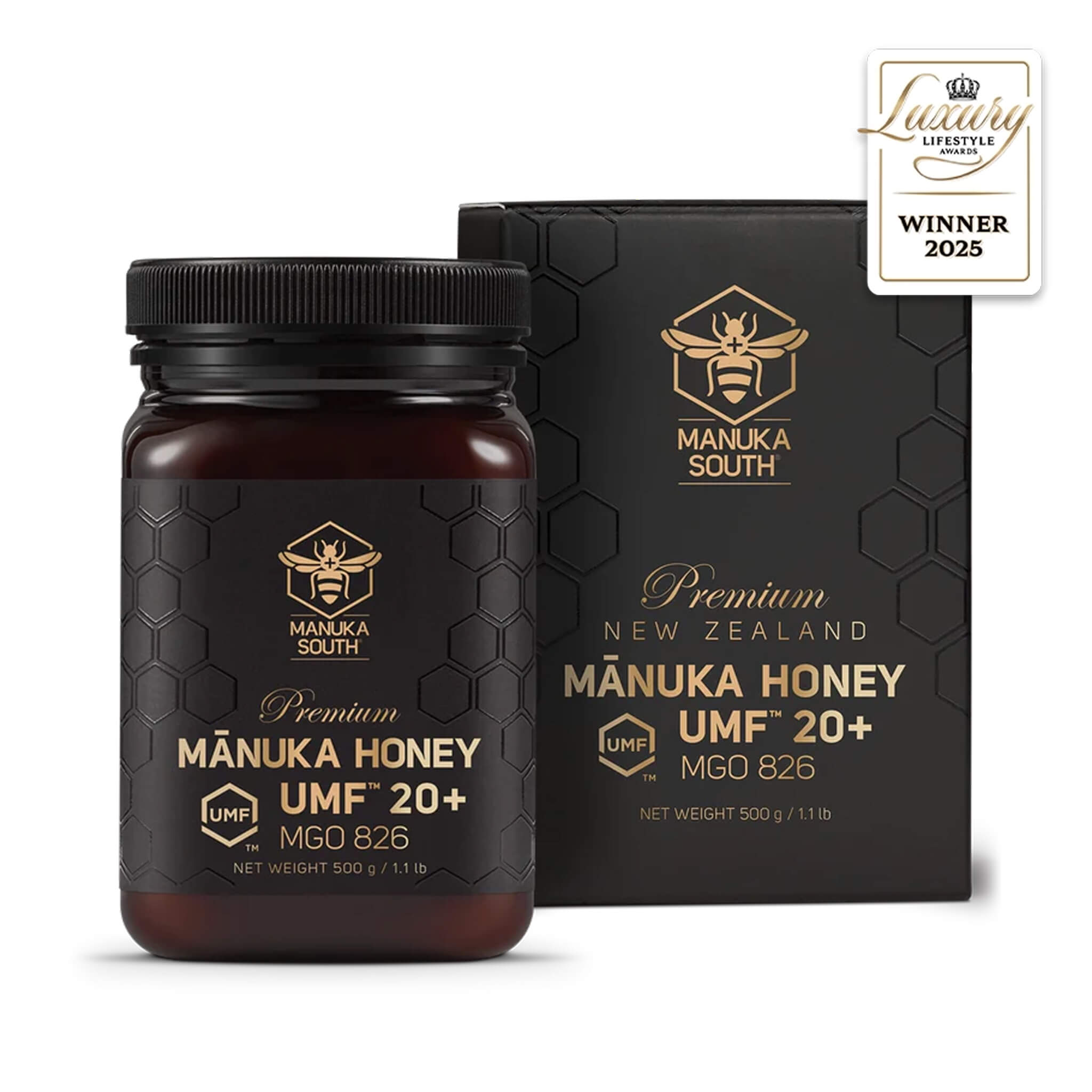 Manuka South Manuka Honey UMF 20+ 500g jar and packaging on a white background