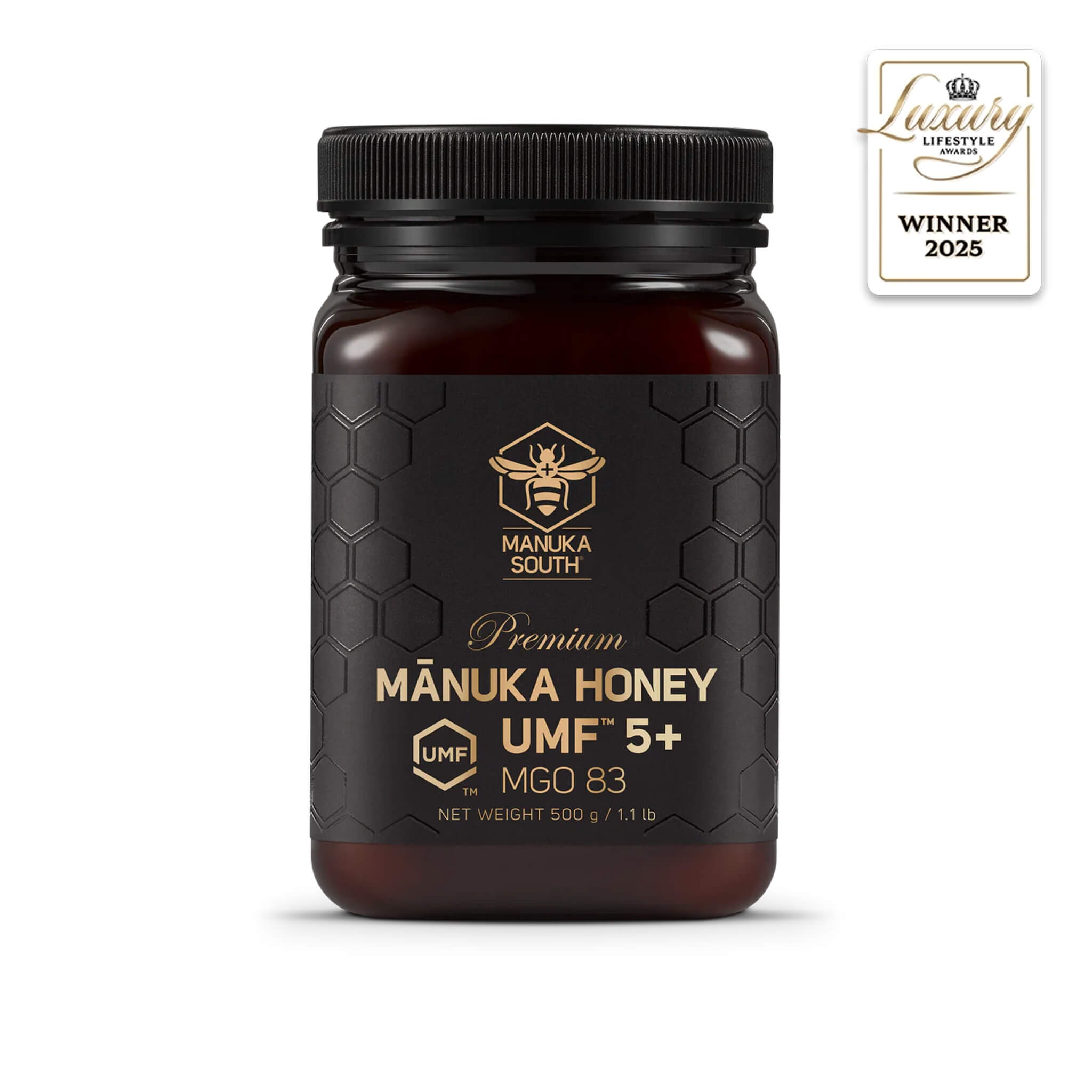 Manuka South Manuka Honey UMF5+ 500g jar with black lid and branded label on a white background