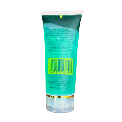 Merino Aloe Vera Gel tube with text and a barcode on a white background