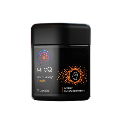 A container of MitoQ for Cell Vitality and Brain dietary supplement with 60 capsules, featuring a black lid and a label with colorful graphics indicating brain health support.