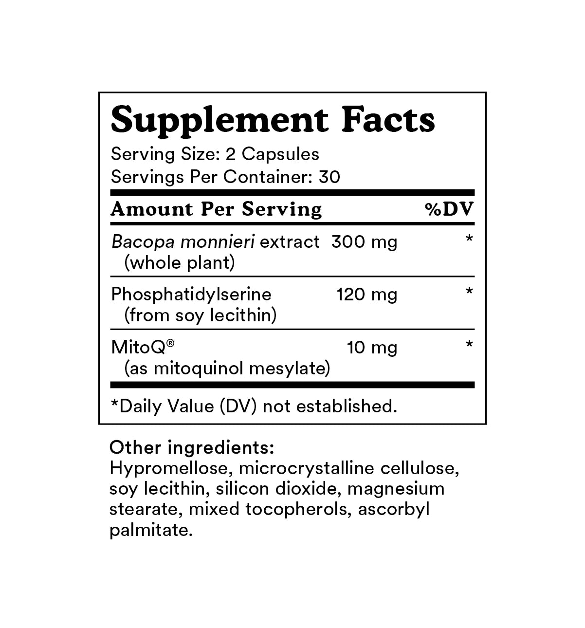 MitoQ Brain Supplement facts label with detailed ingredient information on a white background