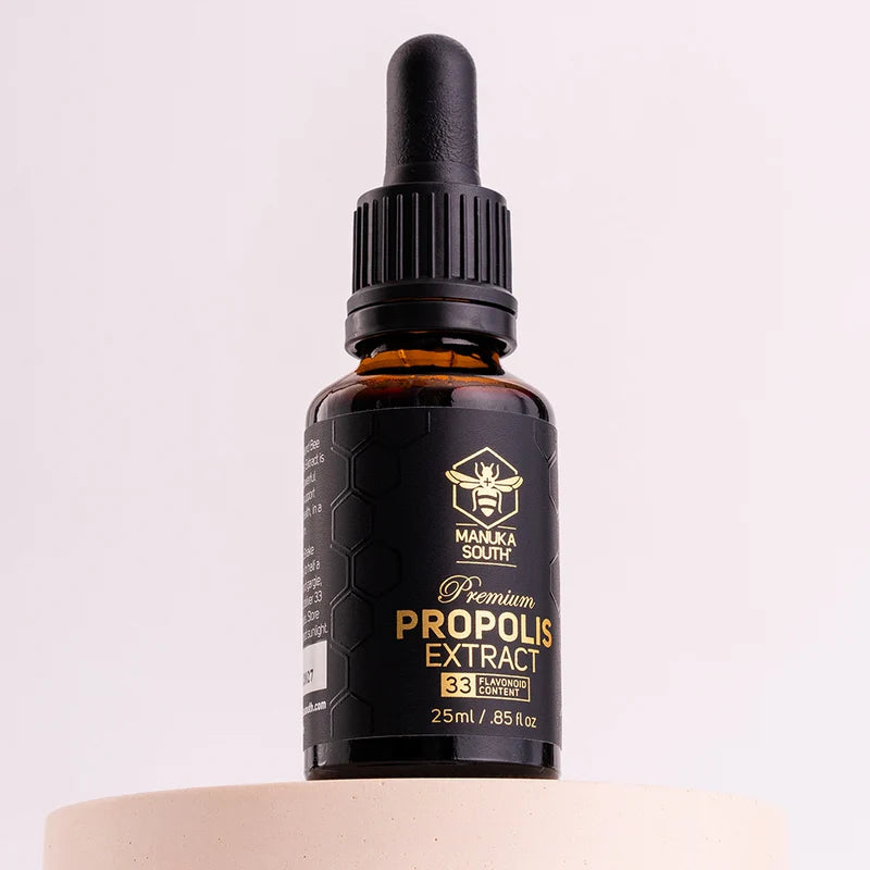 Bottle of Manuka South Propolis Extract on a light background