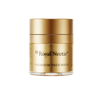 A gold-colored pump bottle labeled 'ROYAL NECTAR Premium Face Mask'.