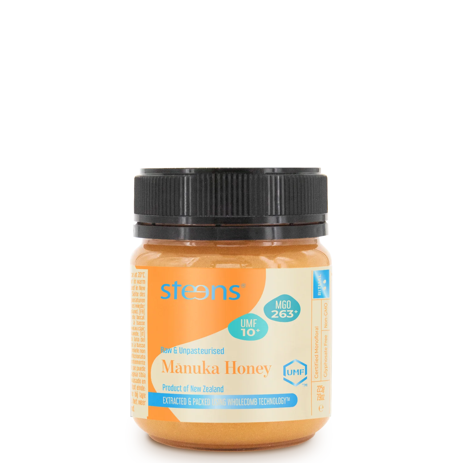 Jar of Steens Manuka Honey  UMF10+ 225g on a white background