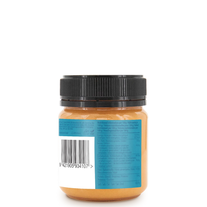 Jar  of Steens Manuka Honey UMF24+ 225g with a black lid and blue label on a white background