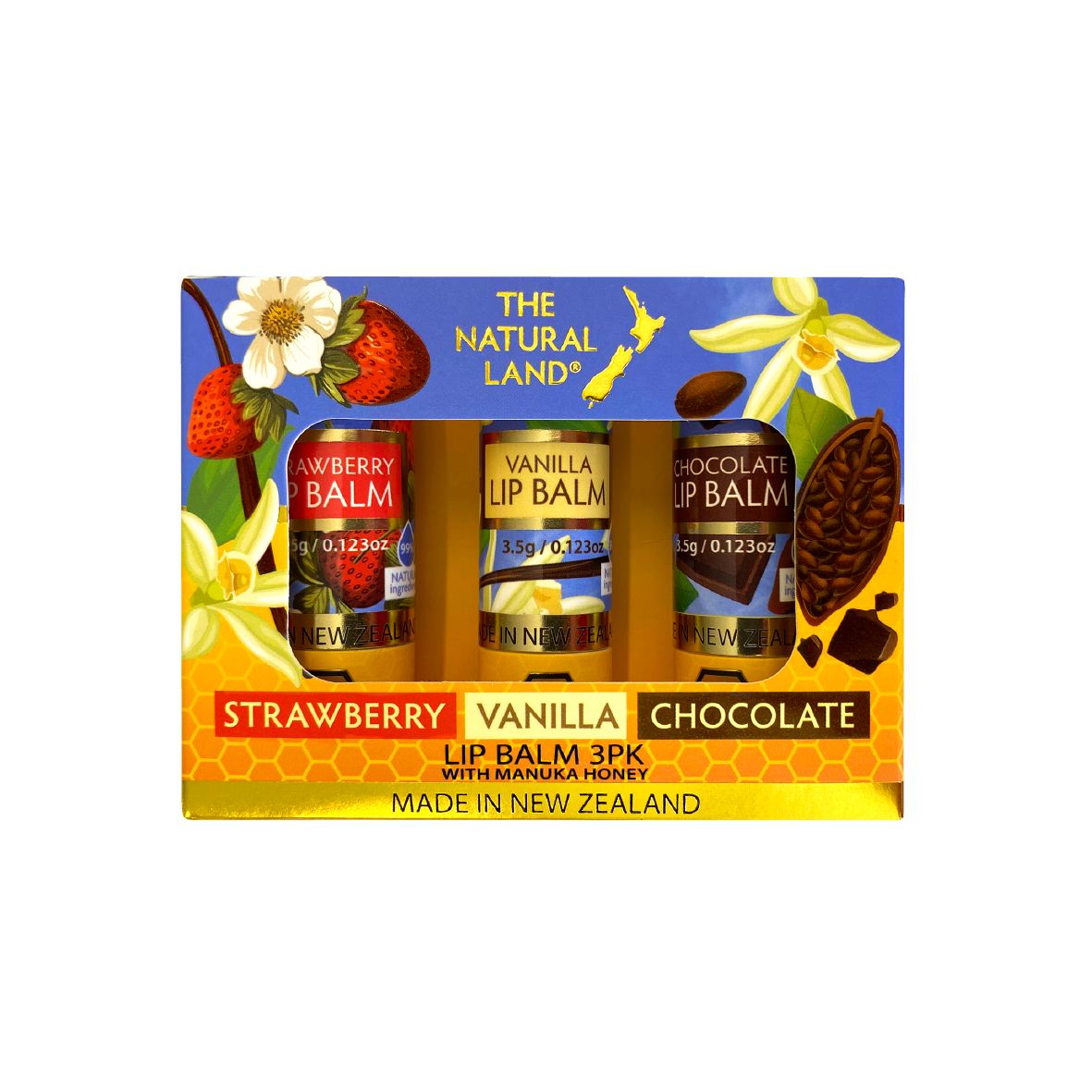 A pack of three assorted The Natural land lip balms in strawberry, vanilla, and chocolate flavors, made with manuka honey, displayed in front of a colorful background with floral elements.