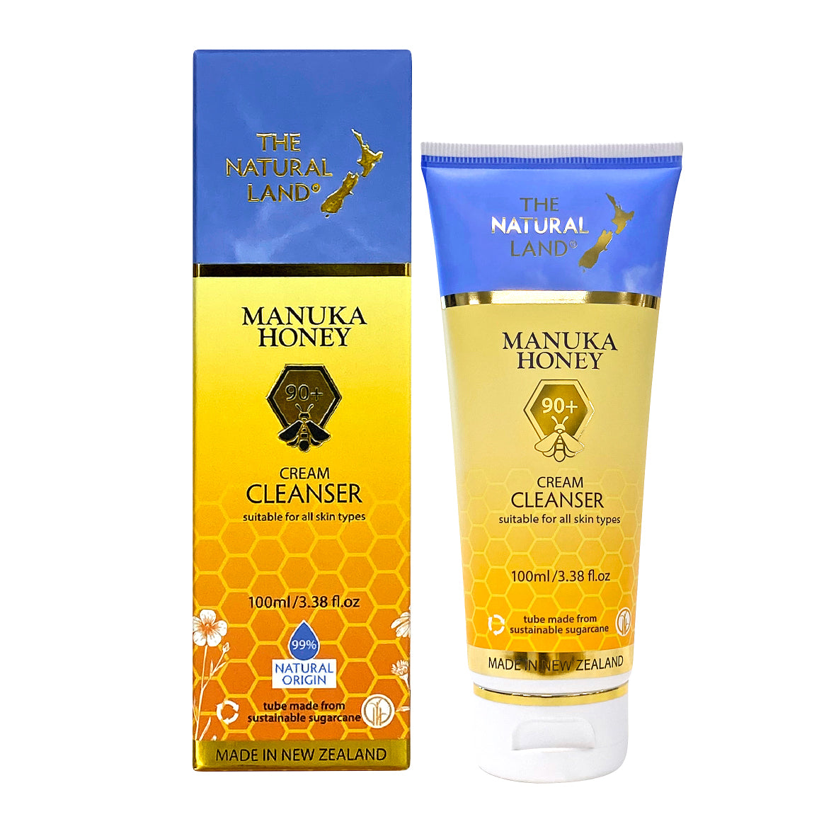 The image shows a packaged and tube version of The Natural Land Manuka Honey Cream Cleanser, indicating it is a 100ml product made in New Zealand.