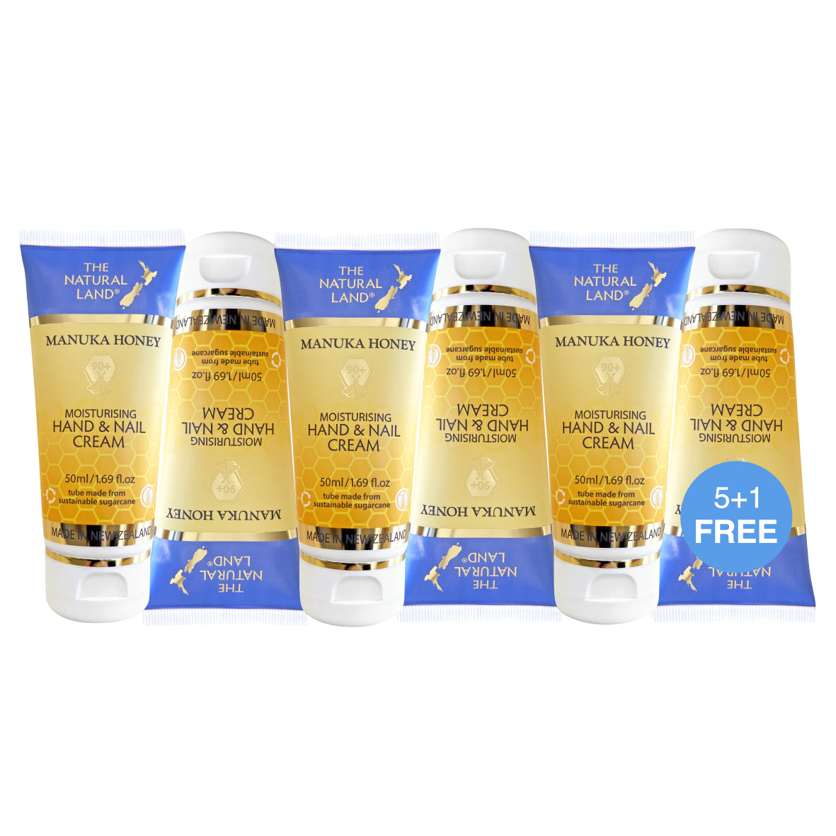 A set of six 50ml tubes of Manuka Honey Hand & Nail Cream by The Natural World, with a promotional offer of five plus one tube free. The tubes are displayed against a white background with blue and yellow packaging.