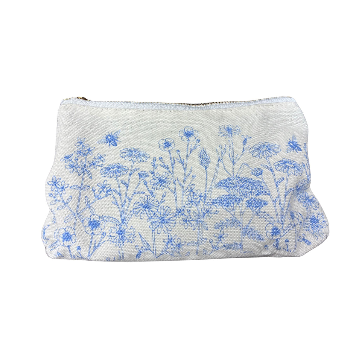 A small zippered pouch made of off-white fabric with a blue floral and botanical print, featuring a gold zipper at the top, shown against a plain white background.
