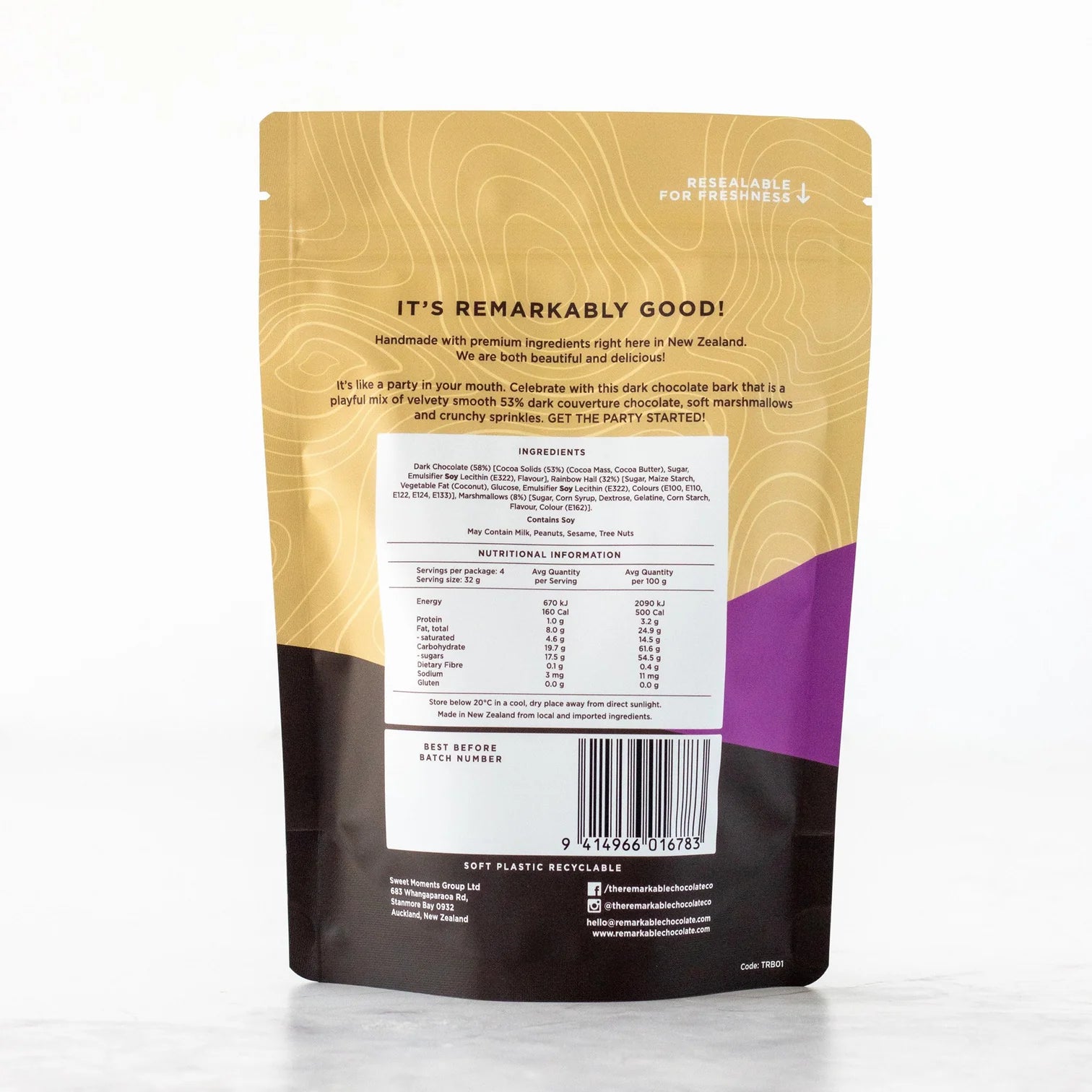 Back view of a The Remarkable Chocolate bark mashmallow and sprinkles packaging with text and nutritional information on a white background