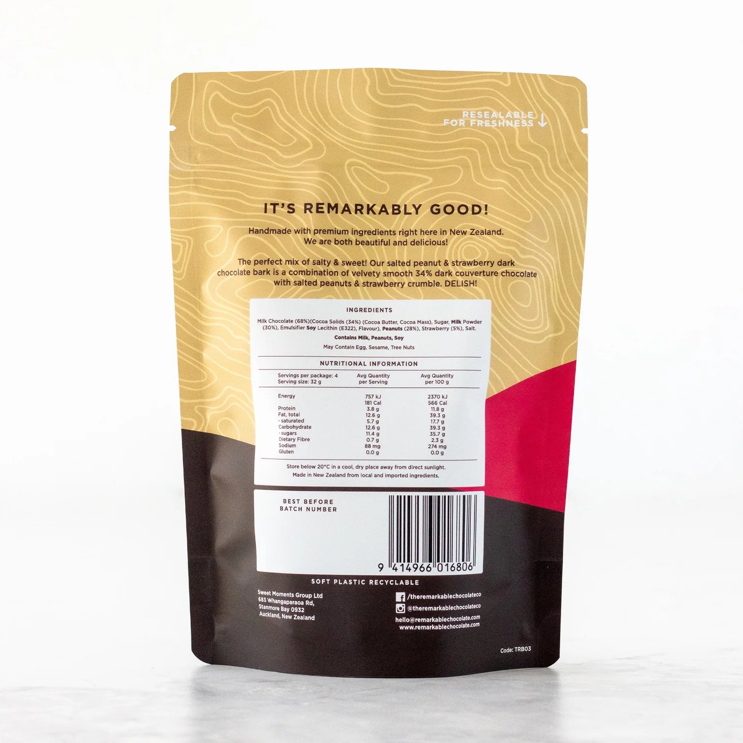 Back view of a The remarkable chocolate bark salted penut and strawberry packaging with text and nutritional information on a white background