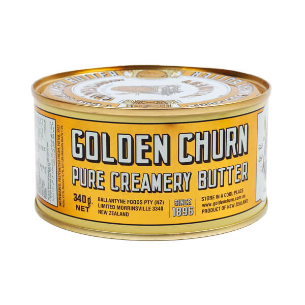 A tin can of Golden Churn Pure Creamery Butter, 340g net weight, with yellow and white label.