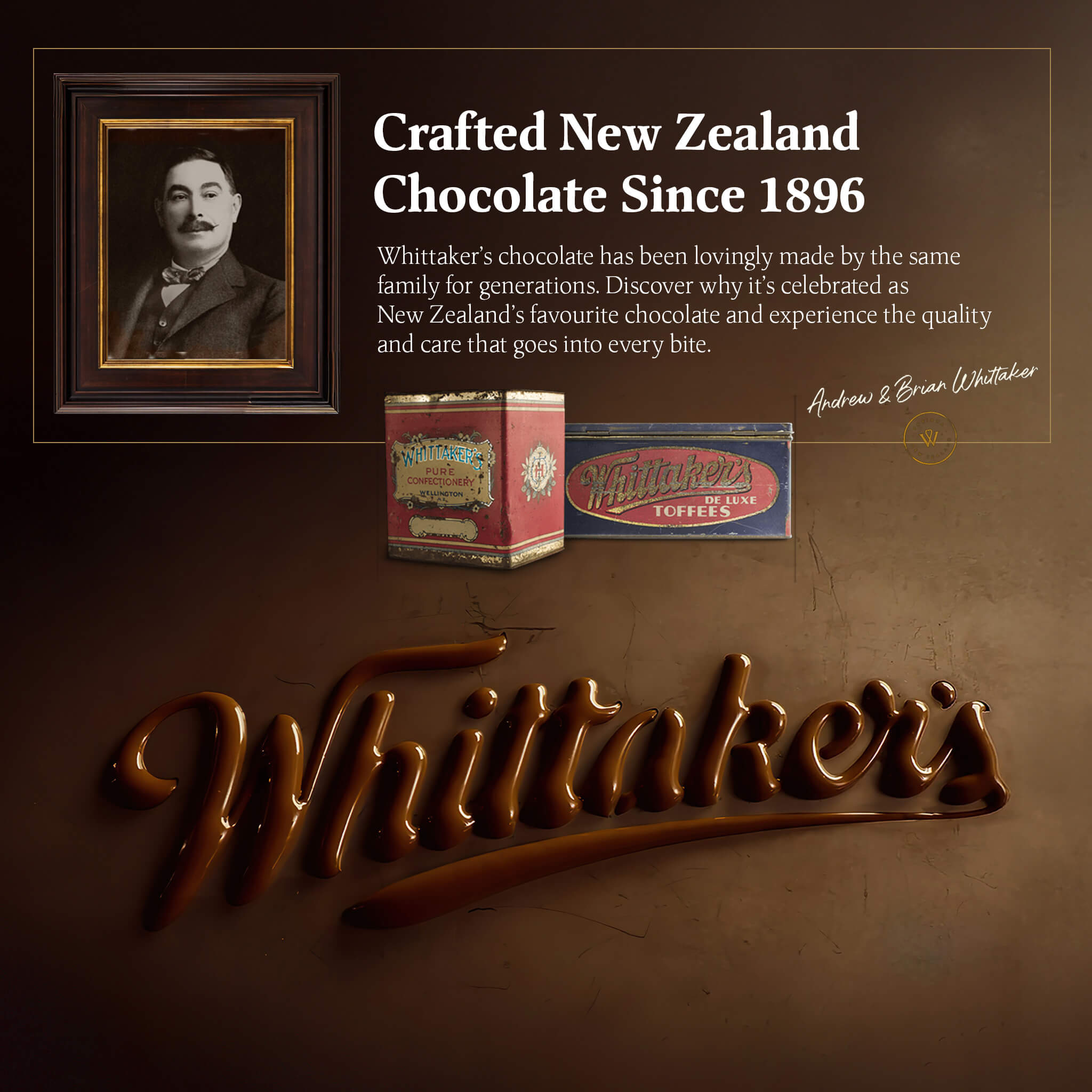 Whittaker's chocolate brand advertisement with a vintage portrait and text about their long history in New Zealand.