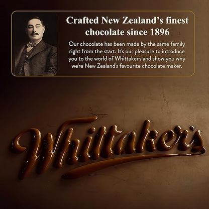 Whittaker's chocolate brand advertisement with a vintage portrait and text about their long history in New Zealand.