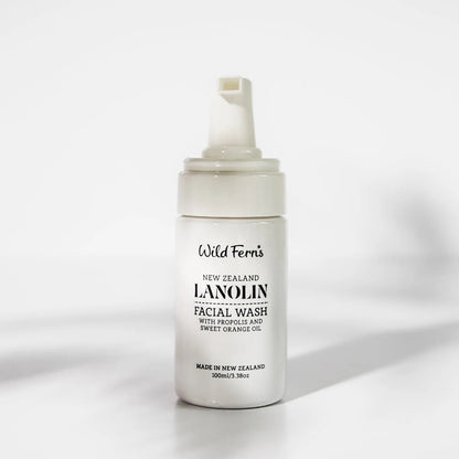 White bottle of Wild Ferns Lanolin Facial Wash on a white background