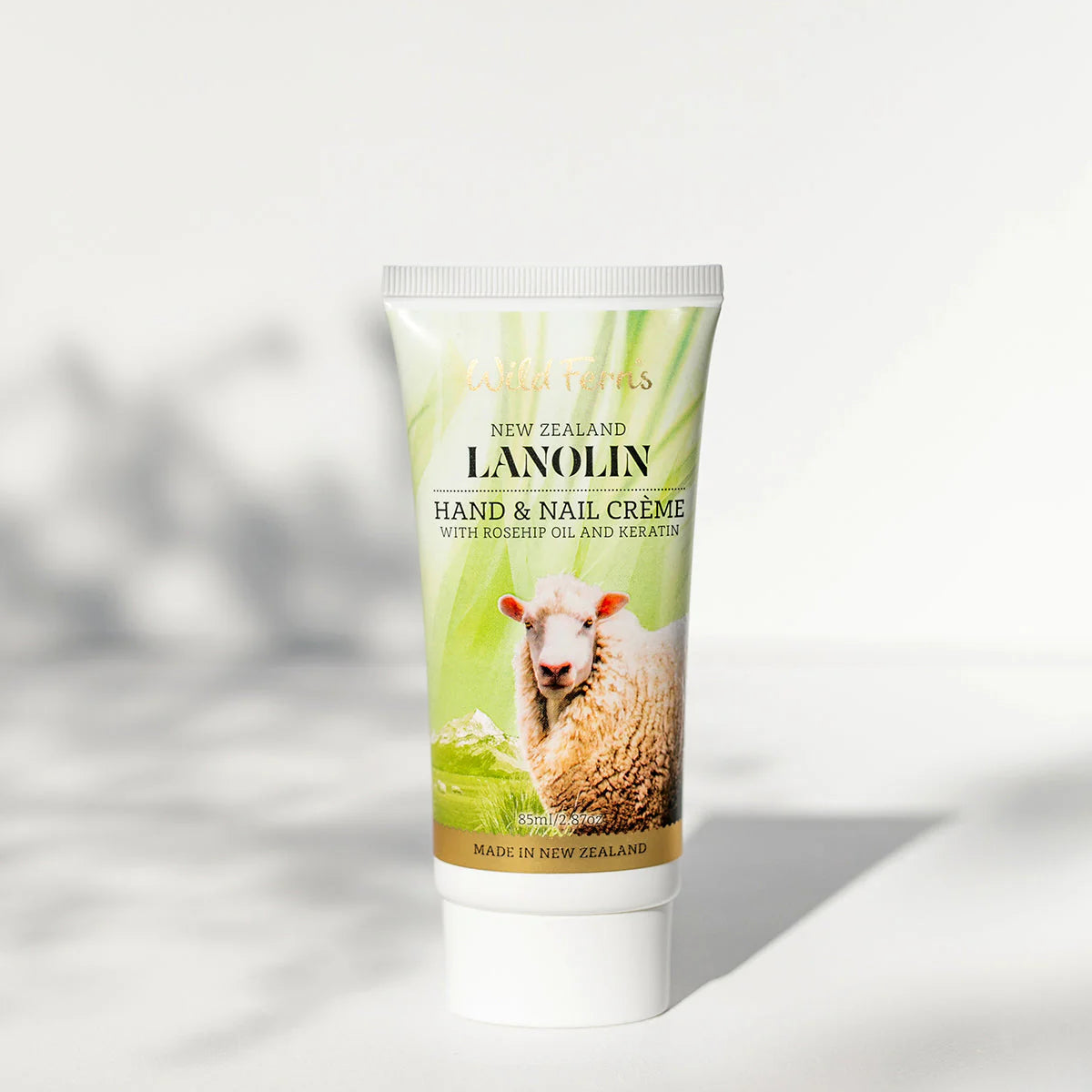 Tube of Wilf Ferns Lanolin hand and nail cream with a sheep on the label against a white background