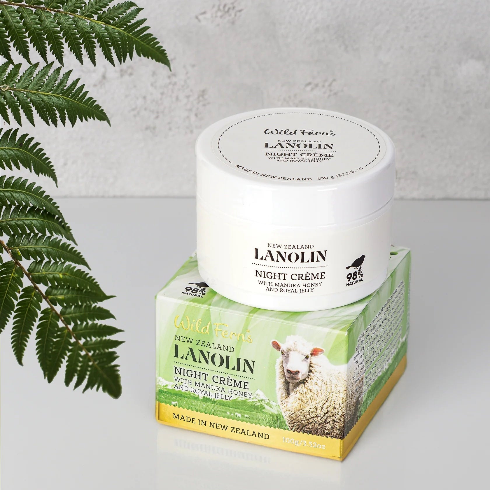 Wild Ferns Lanolin night crème container with packaging on a light background