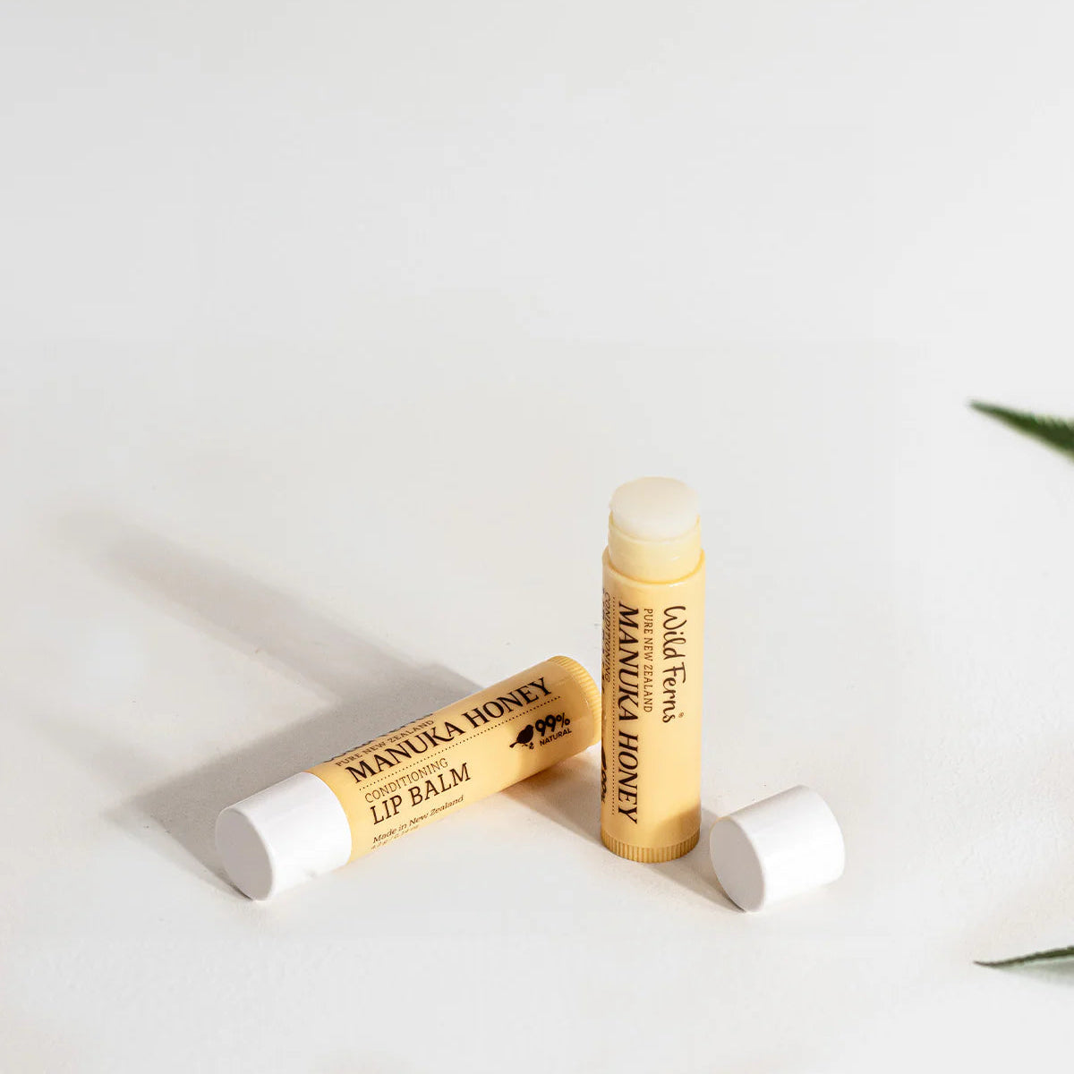 Two WIld Ferns Manuka Honey Lip Balms on a white surface with a minimal background