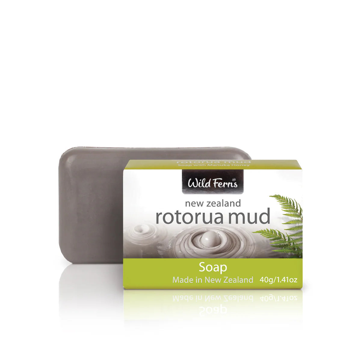 Bar of soap with packaging labeled 'Rotorua Mud' from Wild Ferns on a white background