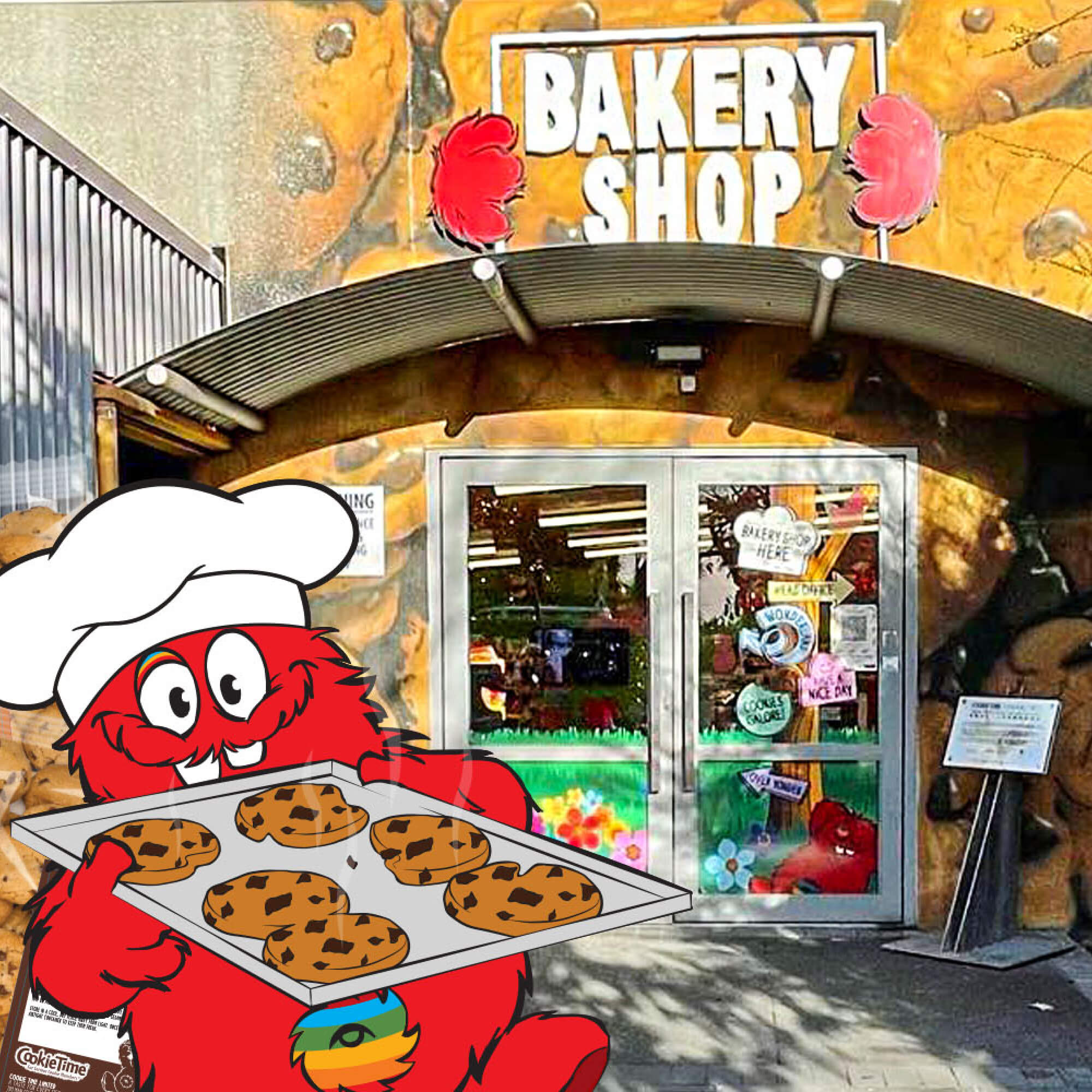 Cartoon character holding cookies in front of a Cookie Time bakery shop entrance