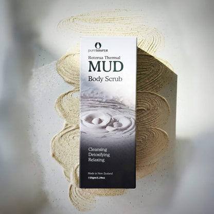 Box of PureSource Rotorua Thermal Mud Body Scrub on a textured beige background