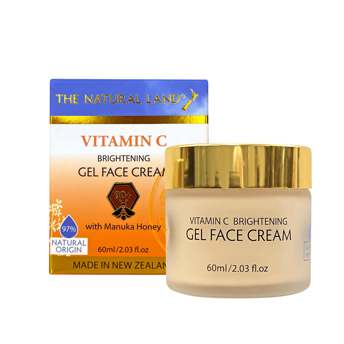 The Natural Land Vitamin C brightening gel face cream with packaging on a white background