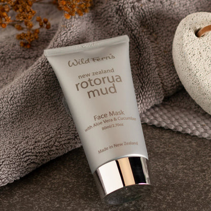 Wild Ferns Rotorua mud face mask on brown towel
