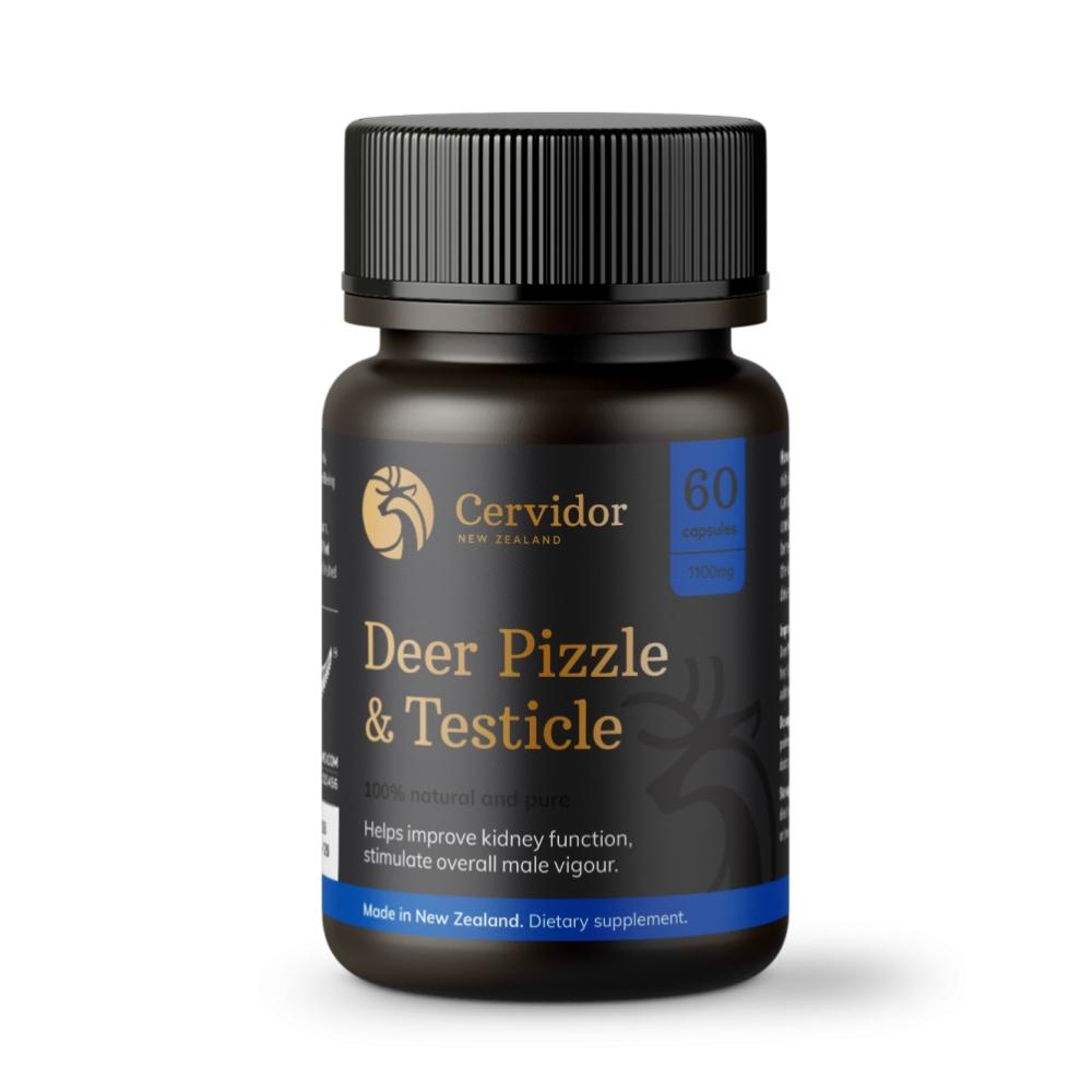 A bottle of Cervidor Deer Pizzle and Testicle 1,100mg 60 Capsules with white background 