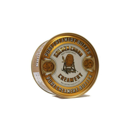 A tin can of Golden Churn Pure Creamery Butter, 340g net weight, with yellow and white label.